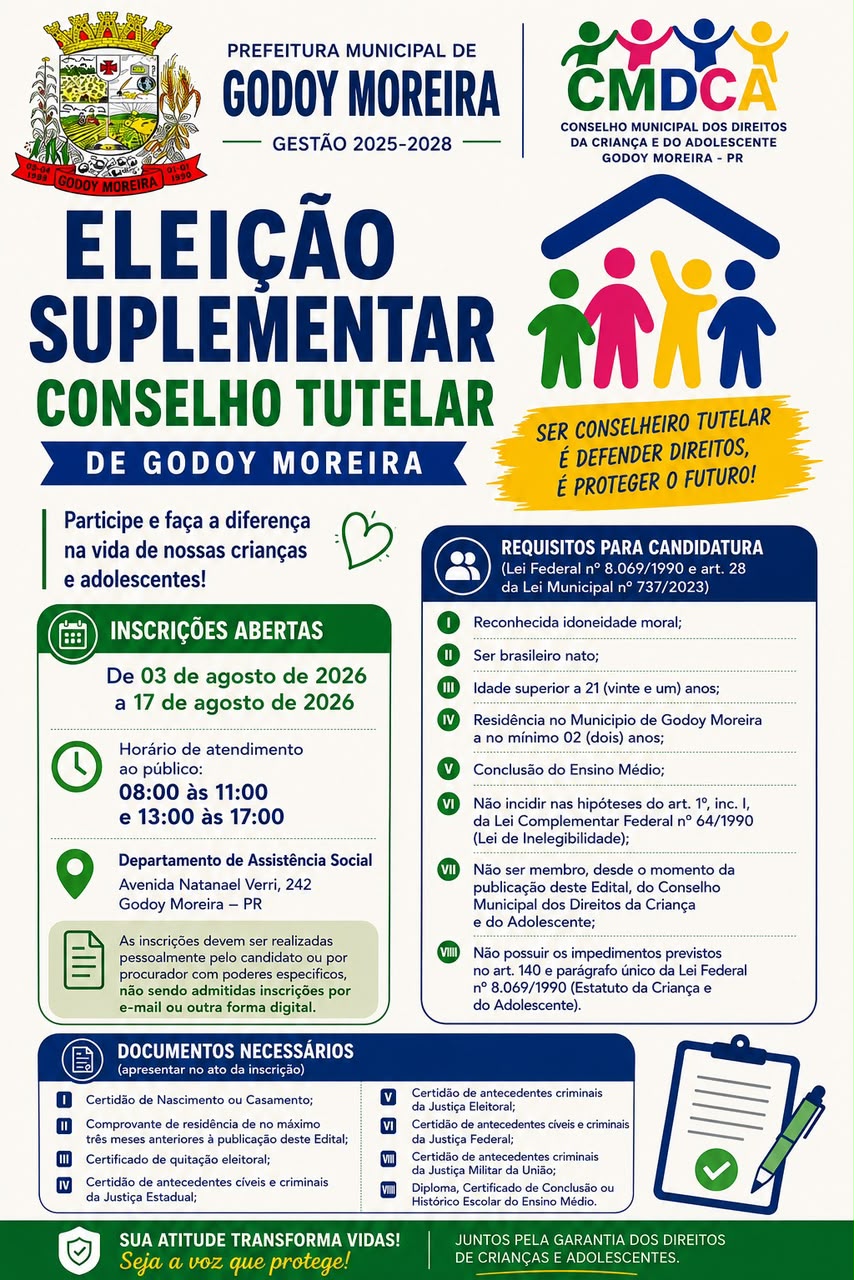 Godoy Moreira abre inscrições para eleição suplementar do Conselho Tutelar