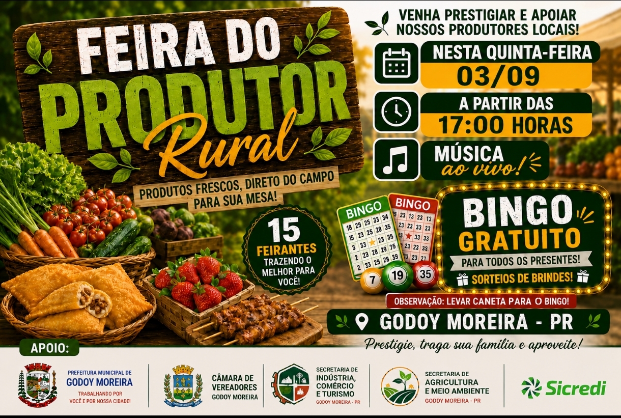 Feira do Produtor Rural movimenta Godoy Moreira nesta quinta-feira com produtos frescos, gastronomia e música ao vivo
